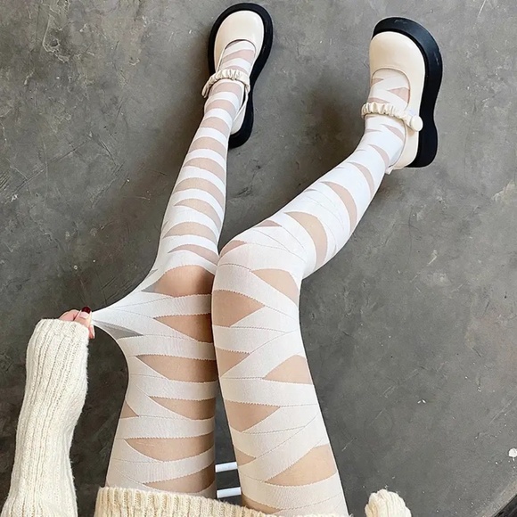 White Bandage Tights OS Mummy Costume Striped Criss Cross Sheer Y2k Halloween Pa - Picture 1 of 10